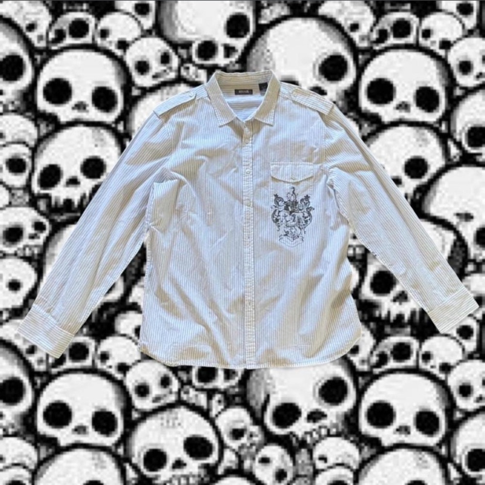 Affliction White Striped Shirt with Black Embroidered Design